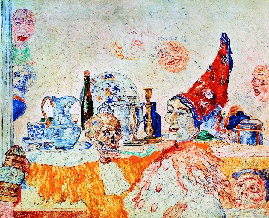 James Ensor, Pierrot et squelette en robe jaune (Feste,Kalenderfeste,Maskerade,Mensch,Tod,Totentanz,Skelett,Symbolismus,Kostüm (Verkleidung),Knochenmann,Flasche,Phantastische Kunst,Pierrot,Belgische Kunst,Gesicht,Gedeckter Tisch,Maske (Gegenstand),Karneval,Verkleidung,Kerzenständer)