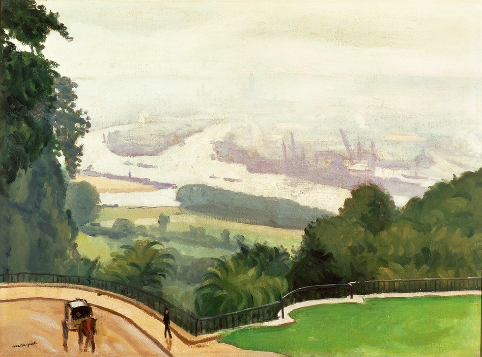 Albert Marquet, Rouen Harbour (Bilder,Boot,Deich,Geographie,Kunst,Fluss,Kader,Französische Kunst,Seesteg,Topographie,Quai,Bootsanlegestelle,Treckschuite,Pier,Bark,Ampfer)