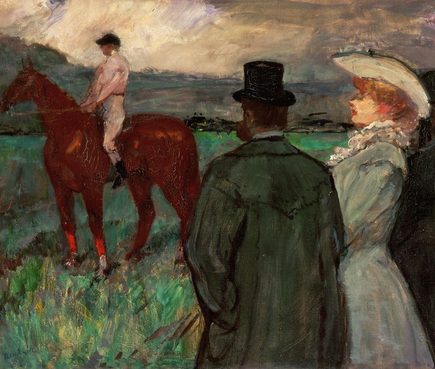 Henri de Toulouse-Lautrec, Au courses (Jugendstil,Kunst,Pferdesport,Pferd (Tier),Sport,Szene,Reiter,Jockey,Französische Kunst,Publikum,Paar,Pferderennen,Zuschauen,Tier,Zuschauer,Reiten,Zuschauerin,Krakelee,Reitsport)