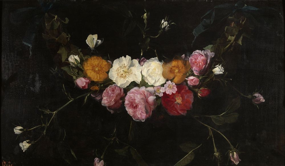 Daniel Seghers, Garland of Roses (Stillleben, Blumen, Girlande, Schmetterling, üppig, Tulpen, Rosen, Goldenes Zeitalter, Malerei, Klassiker, Wunschgröße, Wohnzimmer)