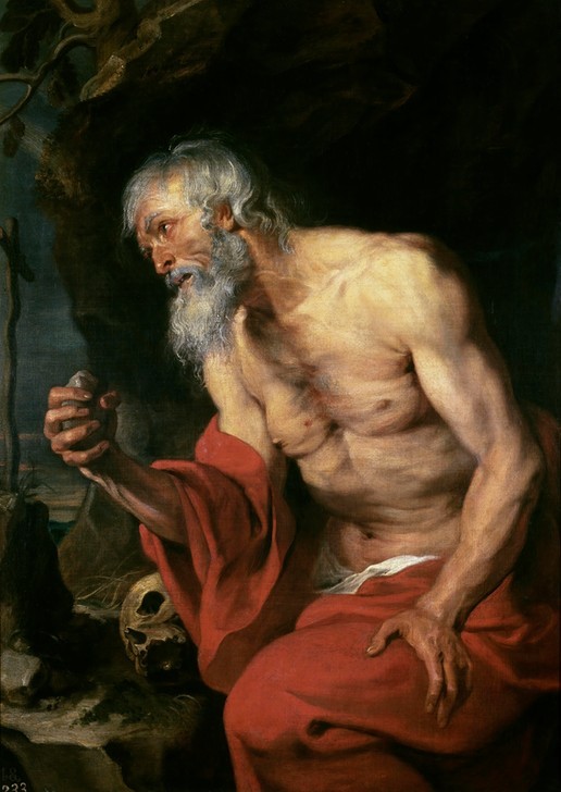 Anthonis van Dyck, Saint Jerome in Penitence (Religion, Buße, Portrait,  Bildnis, Eremit, Heiliger Hieronymus, Totenschädel, alter Mann, Barock, Klassiker, Wunschgröße, Wohnzimmer)