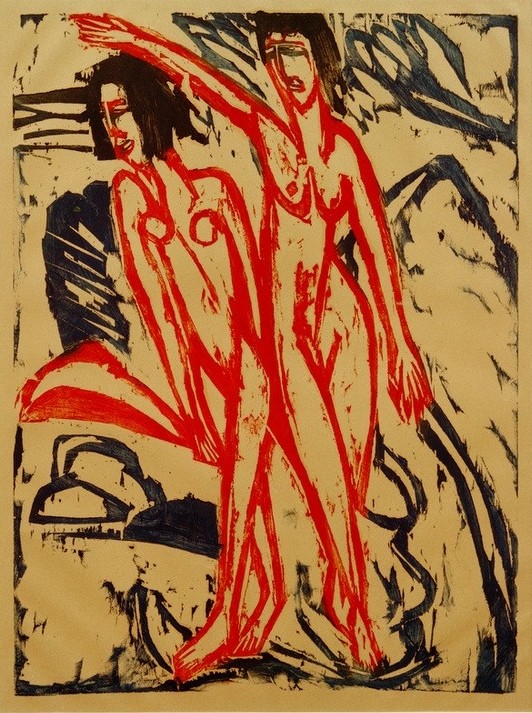 Ernst Ludwig Kirchner, Zwei Badende am Strand (Bad Im Freien,Bad,Deutsche Kunst,Frau,Seebad,Akt,Expressionismus,Die Brücke)