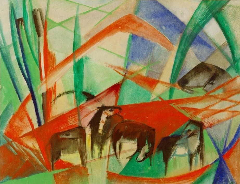 Franz Marc, Landschaft mit schwarzen Pferden (Deutsche Kunst,Kunst,Landschaft,Pferd (Tier),Zoologie,Expressionismus,Der Blaue Reiter,Tier)