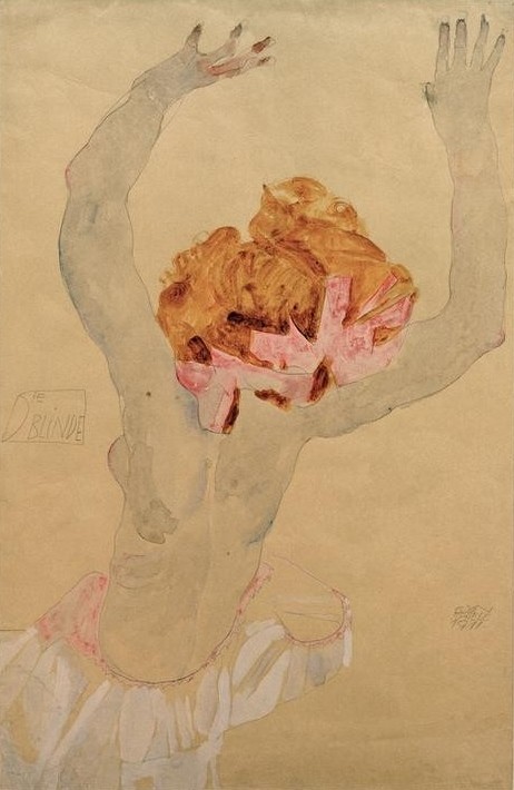 Egon Schiele, Die Blinde (Augenheilkunde,Deutsche Kunst,Frau,Medizin,Blindheit,Rückenakt,Halbakt)