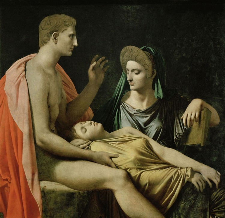 JEAN-AUGUSTE-DOMINIQUE INGRES, Virgile lisant l’Enéïde à Auguste (Ehefrau,Familie,Frau,Geschwister,Kaiser,Kunst,Mann,Ohnmacht,Szene,Klassizismus,Schwester,Gestik,Französische Kunst,Schwächeanfall,Römisches Reich,Zuhören,Bruder,Zuhörer,Zuhörerin,Person)