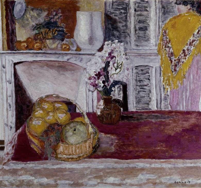 Pierre Bonnard, Coin de salle à manger au Cannet (Tisch, Stillleben, Obstschale, Bumen, Rückenfigur, Frau, Zimmer, Gesellschaft, Post-Impressionismus, Esszimmer, Wohnzimmer, Wunschgröße, Klassische Moderne)