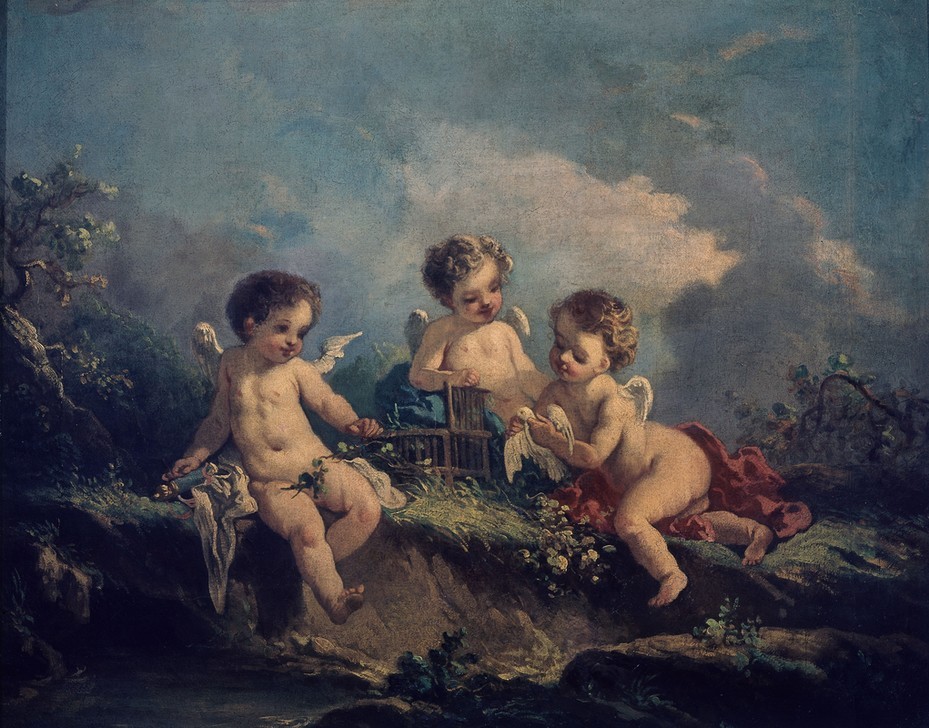 Francois Boucher, Amorcillos jugando con pichones (Engel,Kind,Mädchen,Spiel,Taube,Vogel,Käfig,Knabe)