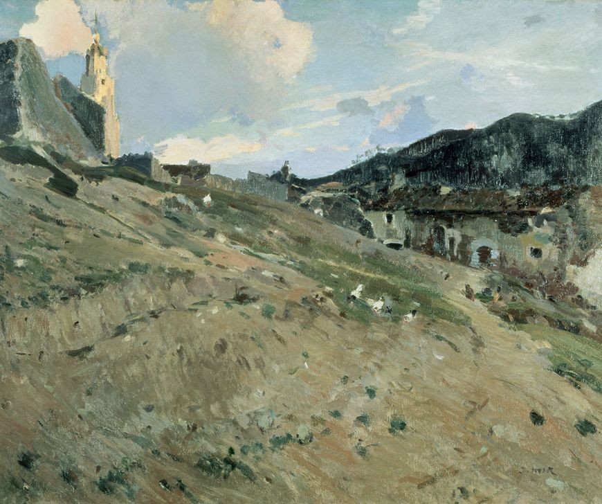 Joaquim Mir, Der Glockenturm (Dorf, Landschaft, Glockenturm,  Post-Modernisme, Malerei, Klassische Moderne, Wunschgröße, Wohnzimmer, Treppenhaus, bunt)
