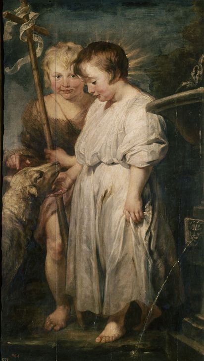 Anthonis van Dyck, JESUS CON SAN JUANITO Y EL CORDERO – 1618–1620 (Christusknabe, Johannes der Täufer, Kinder, Kreuz, Schaf, Symbolik, Attribute, Barock, Klassiker, Wunschgröße, Wohnzimmer)