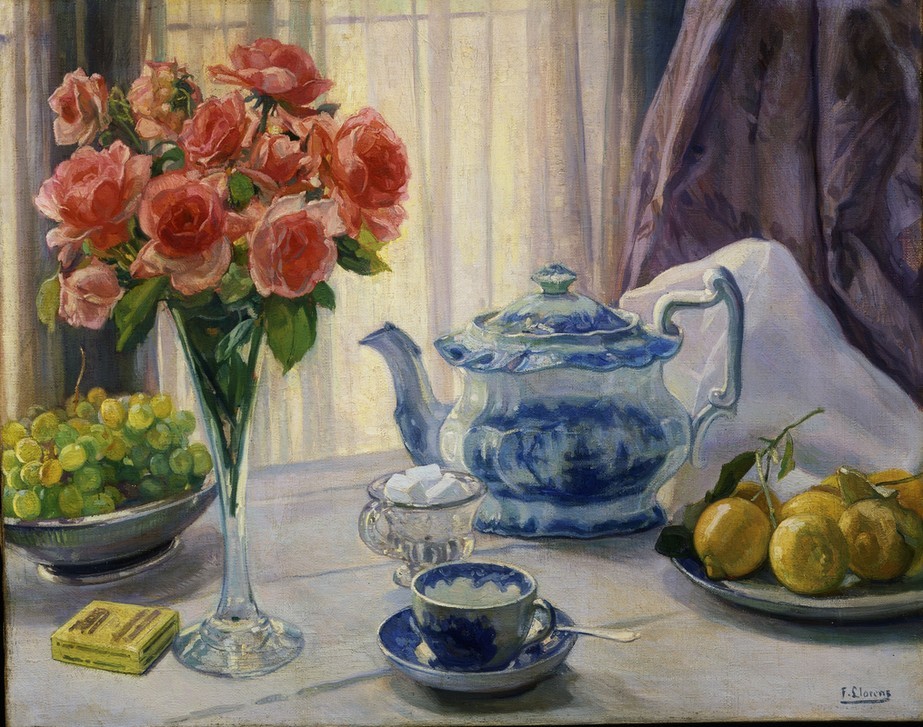 Francisco Llorens Diaz, CONTRALUZ – SIGLO XX (Stillleben, Blumenvase, Glasvase, Rosen, Obstschale, Trauben, Zitronen, Teekanne, Porzellan, klassische Moderne, Esszimmer, Wohnzimmer, Impressionismus Wunschgröße, Malerei)