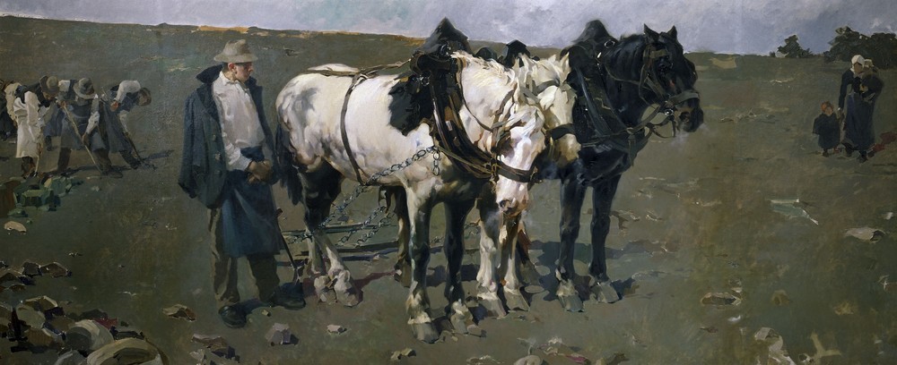 Enrique Martinez Cubells, TRABAJO DESCANSO Y FAMILIA – 1904 (Familie,Pferd (Tier),Pflug,Rast,Lasttier,Joch,Ausruhen,Maultier,Stute)