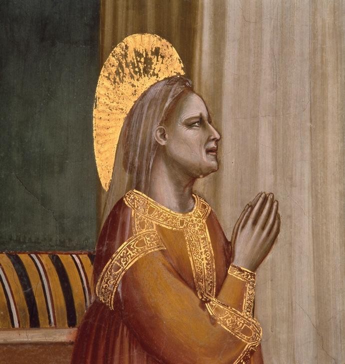 Giotto di Bondone, Die Verkündigung an Anna (Heilige, Religion, Christentum, Gebet,  Neues Testament, Bibel, Marienleben, Verkündigung, Heiligenschein, Detail, Klassiker, Gotik, Religion, Christentum, Malerei, Wunschgröße, Schlafzimmer, Wohnzimmer, bunt)