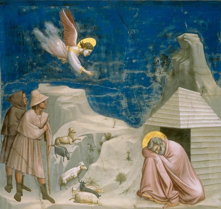 Giotto di Bondone, Der Traum des Joachim (Engel, Verkündigung, Joachim, Hirten, Schafe, Schäfer, Klassiker, Gotik, Religion, Christentum, Malerei, Wunschgröße, Schlafzimmer, Wohnzimmer, bunt)