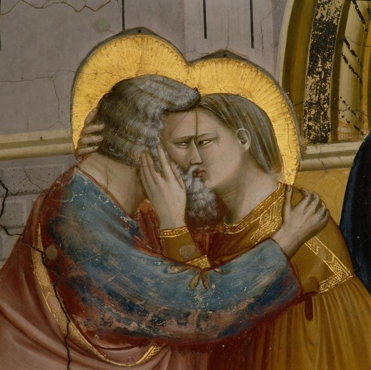 Giotto di Bondone, Die Begegnung Joachims und Annas an der Goldenen Pforte (Begegnung, Ehepaar, Umarmung, Kuss, Detail, Ausschnitt, Klassiker, Gotik, Religion, Christentum, Malerei, Wunschgröße, Schlafzimmer, Wohnzimmer, bunt)
