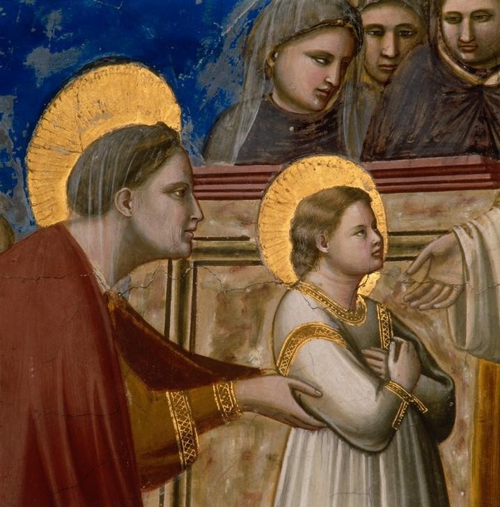 Giotto di Bondone, Mariä Tempelgang (Maria, Mädchen, Tempel, Anna, Detail, Klassiker, Gotik, Religion, Christentum, Malerei, Wunschgröße, Schlafzimmer, Wohnzimmer, bunt)
