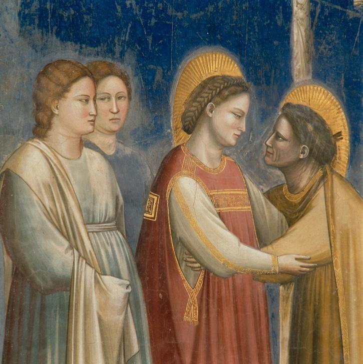 Giotto di Bondone, Die Heimsuchung (Begegnung, Frauen, Maria, Elisabeth, Umarmung,  Klassiker, Gotik, Religion, Christentum, Malerei, Wunschgröße, Schlafzimmer, Wohnzimmer, bunt)