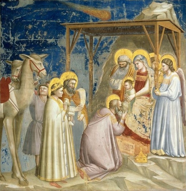 Giotto di Bondone, Die Anbetung der Könige (Heilige Familie, Stall, Heilige, Könige,Maria, Joseph, Jesuskind, Kamele, Klassiker, Gotik, Religion, Christentum, Malerei, Wunschgröße, Schlafzimmer, Wohnzimmer, bunt)