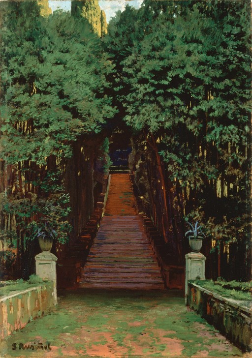 Santiago Rusinol, Treppe im Garten (Park,Treppe,Baum,Hausgarten,Agave,Katalanische Kunst,Grün,Menschenleere,Klettergerüst,Garten)