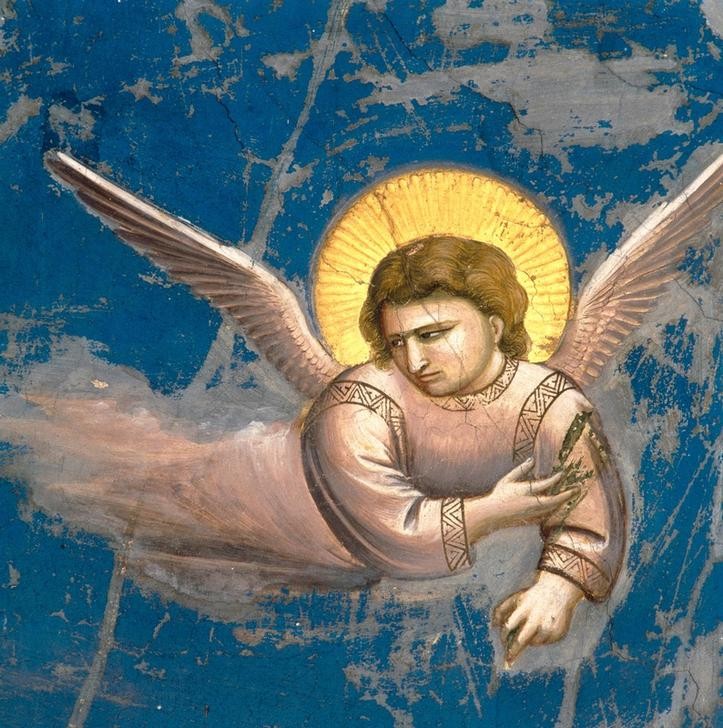 Giotto di Bondone, Die Flucht nach Ägypten (Engel, Himmelswesen, Flügel, Klassiker, Gotik, Religion, Christentum, Malerei, Detail, Wunschgröße, Schlafzimmer, Wohnzimmer, bunt)