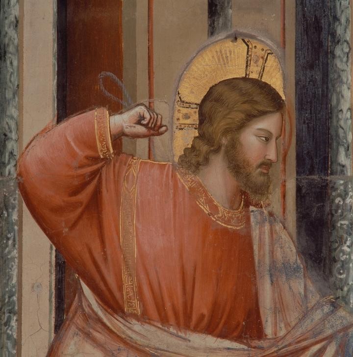 Giotto di Bondone, Die Austreibung der Wechsler aus dem Tempel (Jesus, Tempel, Zorn, Wut, geballte Faust, Klassiker, Gotik, Religion, Christentum, Neues Testament, Malerei, Detail, Wunschgröße, Schlafzimmer, Wohnzimmer, bunt)