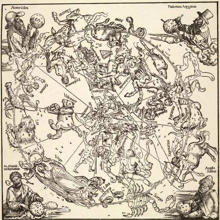 Albrecht Dürer, Die nördliche Himmelskugel (Astronomie,Deutsche Kunst,Himmelsdarstellung,Renaissance,Tierkreiszeichen,Hemisphäre,Norden,Ausschnitt)