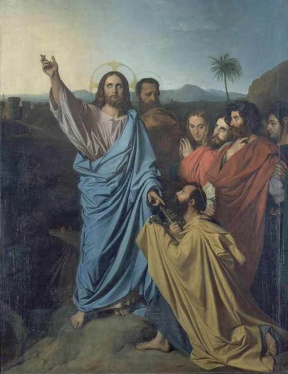 JEAN-AUGUSTE-DOMINIQUE INGRES, Jesus Returning the Keys to St. Peter – 1820 (Kleriker,Tod,Klerus,Barfuss,Heiligenschein,Auslieferung,Neoklassizismus,Kultbild,Aureole)