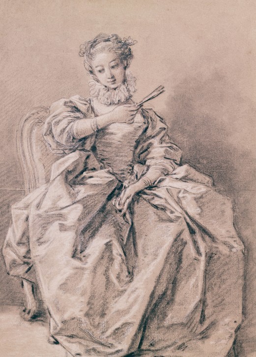 Francois Boucher, Woman in Spanish Costume – 1750 (Kleriker,Frau,Tod,Klerus,Portrait,Kleid,Fähnchenfächer,Frisur)