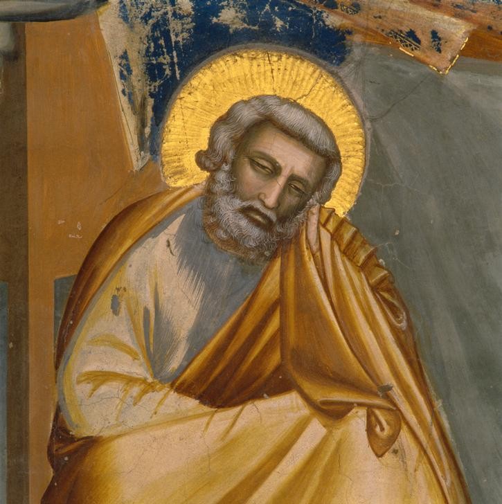 Giotto di Bondone, Christi Geburt (Joseph, Vater, müde, nachdenklich, Klassiker, Gotik, Religion, Christentum, Neues Testament, Malerei, Detail, Wunschgröße, Schlafzimmer, Wohnzimmer, bunt)