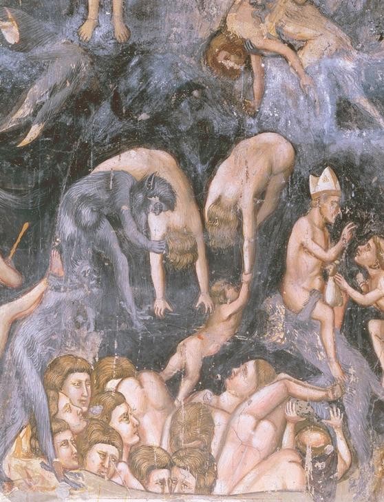 Giotto di Bondone, Das Jüngste Gericht (Hölle, Teufel, Höllensturz, Apokalypse, Verdammnis, Verdammte, Klassiker, Gotik, Religion, Christentum, Neues Testament, Malerei, Detail, Wunschgröße, Schlafzimmer, Wohnzimmer, bunt)