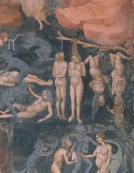 Giotto di Bondone, Das Jüngste Gericht (Hölle, Teufel, Höllenqualen, Strafen, Apokalypse, Verdammnis, Verdammte, Klassiker, Gotik, Religion, Christentum, Neues Testament, Malerei, Detail, Wunschgröße, Schlafzimmer, Wohnzimmer, bunt)