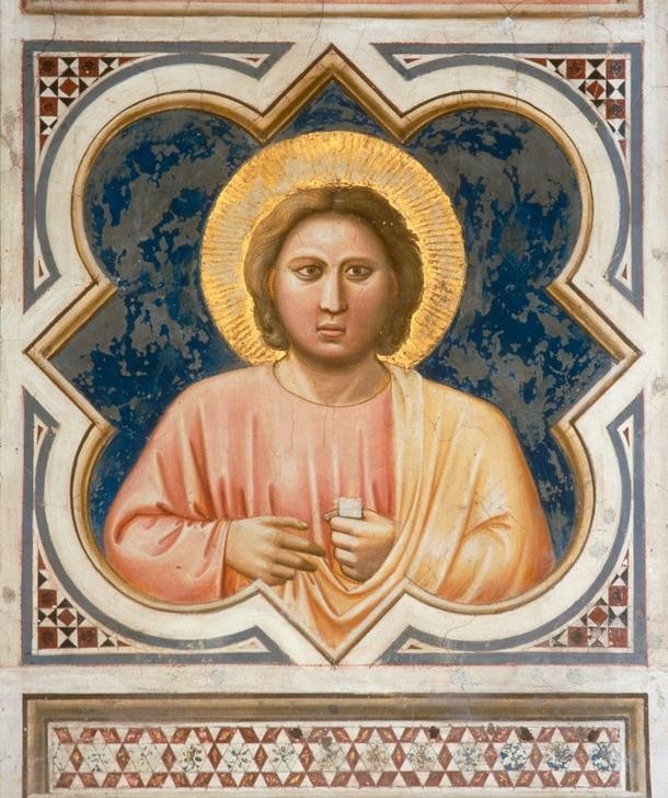 Giotto di Bondone, Männlicher Kopf (Heiliger, Mann, Nimbus, Heiligenschein, Ornamentik, Bibel, Klassiker, Gotik, Religion, Christentum, Malerei, Wunschgröße,  Wohnzimmer, bunt)