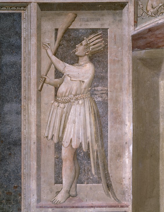 Giotto di Bondone, Stultitia (Laster, Narr, Tugenden Und Laster, Gotik, Allegorie, Dummheit, Personifizierung, Wandmalerei, Nische, Klassiker, Wunschgröße, Wohnzimmer)