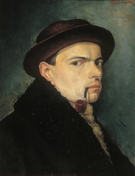 Georgy Georgievich Ryazhsky, Selbstbildnis mit Pfeife (Selbstportrait, Halbprofil, Persönlichkeiten, KÜNSTLER, MANN, Raucher, TABAK, HUT, PFEIFE, RAUCHEN, REALISMUS, PORTRAIT, Wunschgröße,)