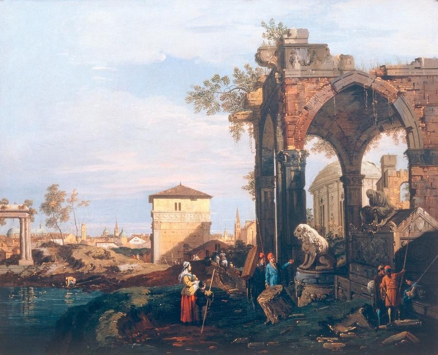 Giovanni Antonio Canaletto, Capriccio mit klassischen Ruinen und Paduaner Motiven (Capriccio Ruine, SArkophag, Menachen, Rokoko, Architektur, Städte, Italien, Padua, Barock, Klassiker, Wunschgröße, Wohnzimmer)