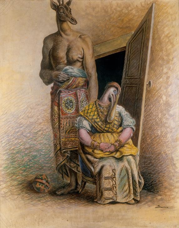 Alberto Savinio, Unbekannt (Mensch, stehender Mann, Muskeln, Ägyper, sitzende Frau, Tierköpfe, Antropomorphismen, Surrealismus, Pittura metafisica, Klassische Moderne, Wunschgröße, Wohnzimmer)