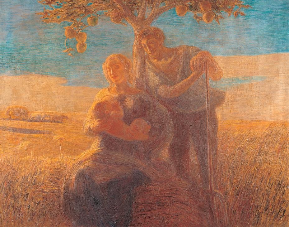 Gaetano Previati,  A family is resting under an apple tree during the wheat harvest (Apfel,Familie,Frau,Himmel (Natur),Kind,Liebe,Weizen,Wolke,Symbolismus,Friede,Baum,Tag,Feld,Harmonie,Natur,Mistgabel,Garbe,Divisionismus,Spikes,Horizontale,Fuhrwerk)