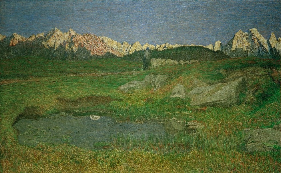 Giovanni Segantini, Alpenlandschaft bei Sonnenuntergang (Gebirge, Berge, Landschaft, Sonnenuntergang, Abend, Bergsee,  Realismus, Malerei, klassische Moderne, Wunschgröße, Wohnzimmer)