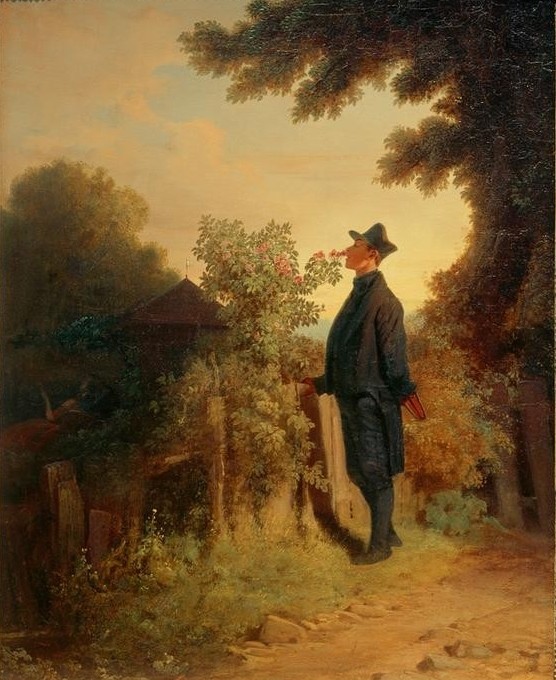 Carl Spitzweg, Der Rosenfreund (Botanik,Deutsche Kunst,Kunst,Mann,Mensch,Rose,Spaziergang,Biedermeier,Weg,Riechen,Geruch,Blume,Rosenstock (Pflanze),Männerleben,Garten)