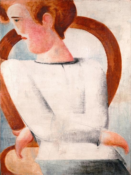 Oskar Schlemmer, Weißer Jüngling auf geschweiftem Stuhl (Bauhaus,Deutsche Kunst,Kunst,Mann,Mensch,Portrait,Jüngling,Stuhl,Profil,Sitzen,Halbfigur,Weiss (Farbe),Junger Mann)