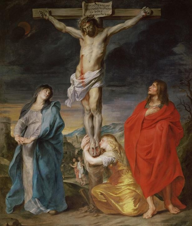 Anthonis van Dyck, Christus am Kreuz mit Maria, Johannes und Maria Magdalena (Berg Golghata, Kreuzigung, Christus, Tod, Beweinung, Maria, Maria Magalena, Johannes, Christentum, Religion, Sonnenfinsternis, Neues Testament, Bibel,  Barock, Klassiker, Wunschgröße, Wohnzimmer)