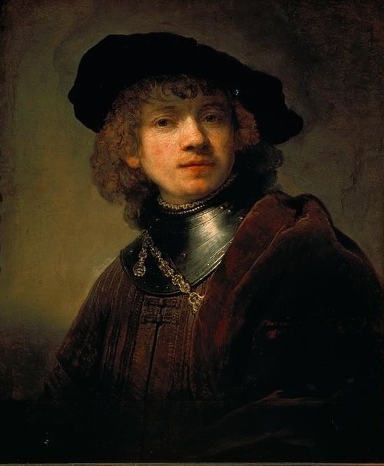 Rembrandt Harmenszoon van Rijn, Selbstbildnis mit dem eisernen Kragen (Künstler,Maler (Künstler),Mann,Mode,Barock,Selbstbildnis,Portrait,Niederländische Kunst,Barett,Holländische Kunst,Kragen,Brustbild,Person,Eiserner Kragen,Junger Mann)