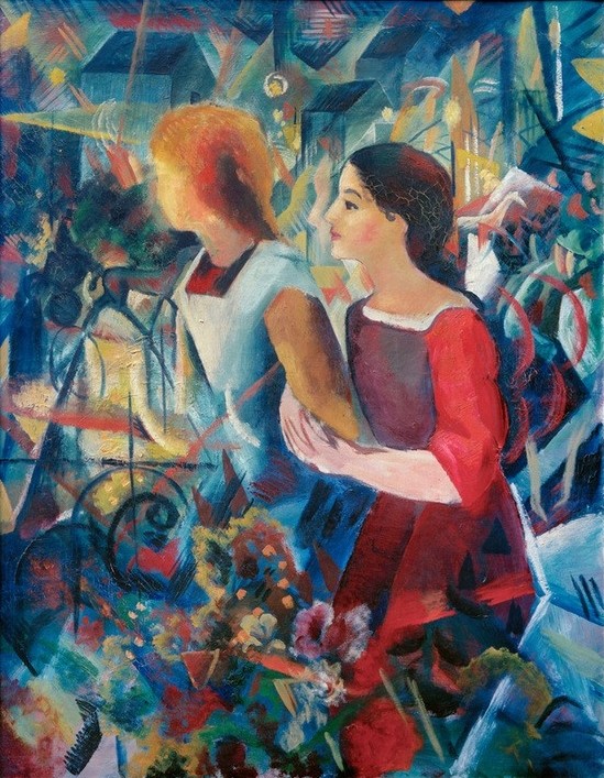 August Macke, Zwei Mädchen (Deutsche Kunst,Grossstadtkind,Kind,Kutsche,Kunst,Mädchen,Verkehr,Grossstadt,Expressionismus,Der Blaue Reiter,Kinderleben,Doppelportrait)