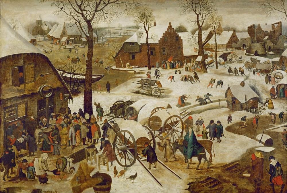 Pieter Brueghel der Jüngere, Volkszählung zu Bethlehem (Bankier,Christentum,Dezember,Eis (Kälte),Jahr Und Kalender,Jahreszeiten,Kinderspiel,Landschaft,Monat,Politik,Religion,Schlachten,Schwein,Strassenszene,Szene,Volkskunde,Vorweihnachtszeit,Wetter,Winter,Schnee,Renaissance,Esel,Neues Testament,Bibel,Fass,Schl)