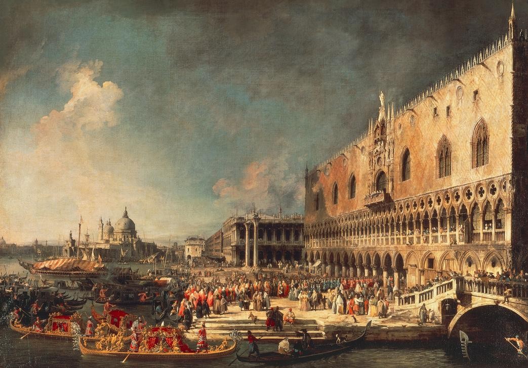 Giovanni Antonio Canaletto, The Arrival of the French Ambassador in Venice (Architektur, Städte, Venedig, Vedute, Architektur, Dogenpalast, Canal Grande, Gondeln, Boote, Menschen GEsellschaft,  Barock, Klassiker, Wunschgröße, Wohnzimmer)