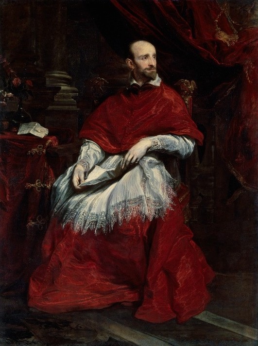 Anthonis van Dyck, Bildnis des Kardinals Guido Bentivoglio (Portrait, Bildnis, Geistlicher, Kardinal, Kirche, Glaube, Ornat, Prunk, Bücher, Schriften, Persönlichkeiten, Barock, Klassiker, Wunschgröße, Wohnzimmer)