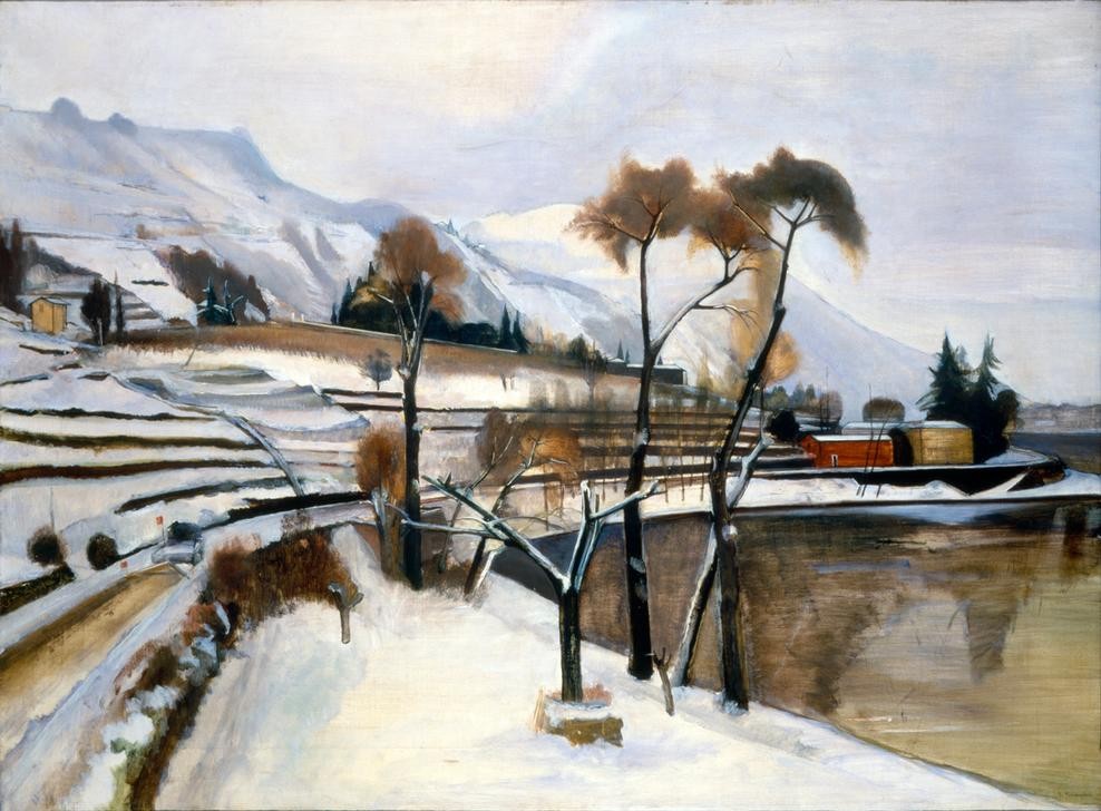 Siro Penagini, Winterlandschaft (TERRASSE, WASSER, WINTER, WOLKE, SCHNEE, BAUM, ITALIENISCHE KUNST, TAG, NATUR, KÄLTE, HORIZONTALE)