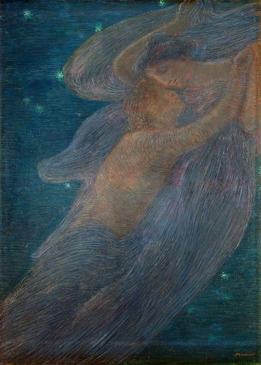 Previati, Gaetano, The Night (Frau,Himmel (Natur),Liebe,Mann,Nacht,Symbolismus,Schleier,Italienische Kunst,Zärtlichkeit,Profil,Figur,Divisionismus)