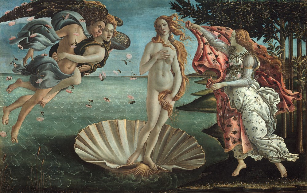 Sandro Botticelli, Die Geburt der Venus (Frau,Geburt,Geburtsvorstellungen,Kunst,Mythologie,Restaurierung,Schönheit,Renaissance,Akt,Metamorphose,Muschel,Italienische Kunst,Göttin,Berühmte Kunstwerke,Windgott,Geburt Der Venus,Griechisch-Römische Mythologie)