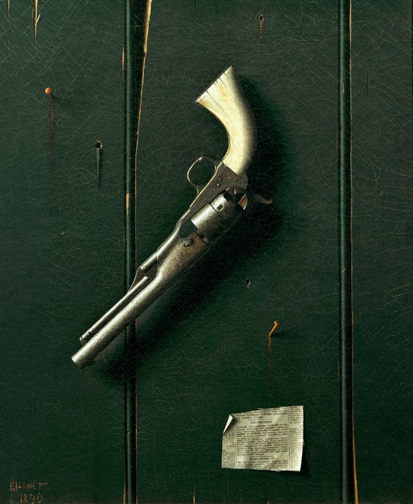 William Michael Harnett, The Faithful Colt (Waffe, Pistole, Colt, Holzwand, Nägel, Stillleben, Revolver, Trompe-l’œil-Malerei, illusionistisch, Amerikanische Kunst, Treppenhaus, Wohnzimmer, Wunschgröße)