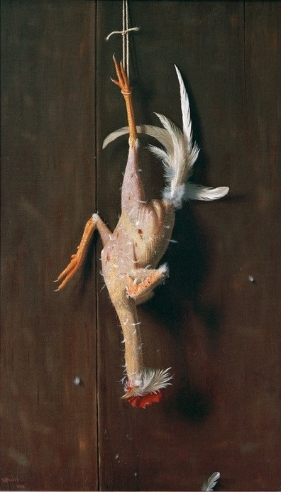 William Michael Harnett, Plucked Clean (Hahn, toter hahn, gerupft, aufhängen, Holzwand, Nägel, Stillleben, Trompe-l’œil-Malerei, illusionistisch, Amerikanische Kunst, Küche, Wunschgröße)